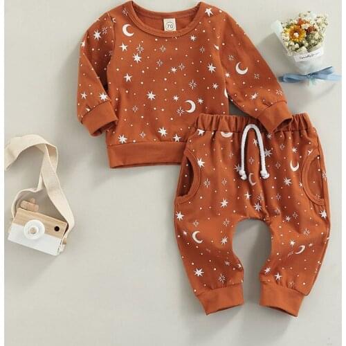 FOCUSNORM 2pcs Infant Baby Girls Boys Clothes Sets 0-24M Star & Moon Print Long Sleeve Sweatshirt Tops Elastic Trousers Pants