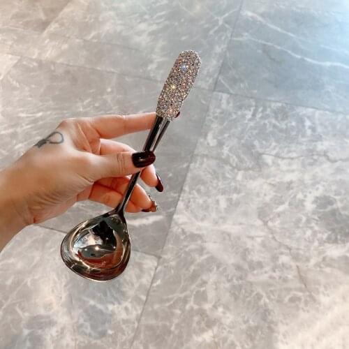Luxury Diamond Soup Spoon Stainless Steel Japanese Kitchen Long Handle Spoon 20cm Korean Main Spoon Tableware Large Cutlery