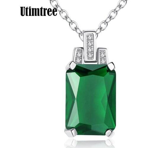 Utimtree Fashion Necklaces Pendants Womens Jewelry Big Green Austrian Crystal Silver Chain Statement Necklace For Wedding Gifts