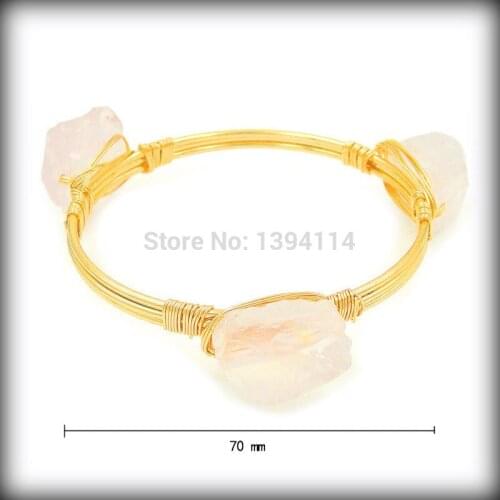 Natural 3 Rough Clear Quartz Crystal Composition Bracelet With Wire Wrapped Of Cladding Gold Approx 70 mm