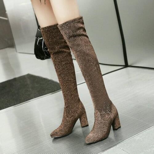 Autumn and Winter Women Thigh High Socks Boots Fashion Glitter Sequins 8CM Square Root Stretch Ladies Over the Knee Boots Slim