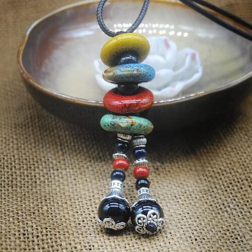 Bohemian Ceramic Beads Strand Necklace For Women Colorful Bead Long Tassel Pendants Charm Necklaces Statement Sweater Chain