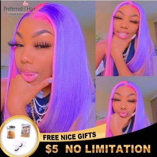 Preferred Pink Purple Highlight Wig Preplucked Blue Lace Front Human Hair Wigs Brazilian Remy Transparent Lace Wigs For Women