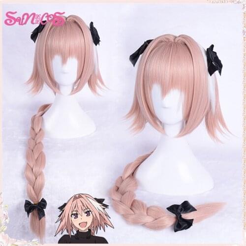 SUNXXCOS Game Fate Apocryph Astolfo cosplay wigs anime hair Long Pink Heat Resistant Synthetic Hair hairpins free wig cap