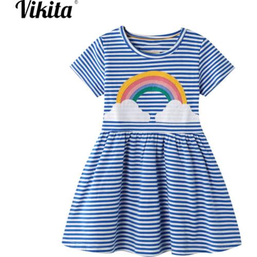 VIKITA Girls Princess Dress Rainbow Striped Kids Summer Dresses Baby Girl Cotton Clothes Children Short Sleeve Casual Vestidos