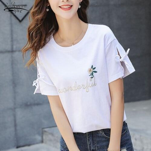 Casual Summer Women Tops Plus Size Tshirt Loose Short Sleeve O-neck Ladies Shirt Embroidery Korean Fashion Chic Clothing 4848