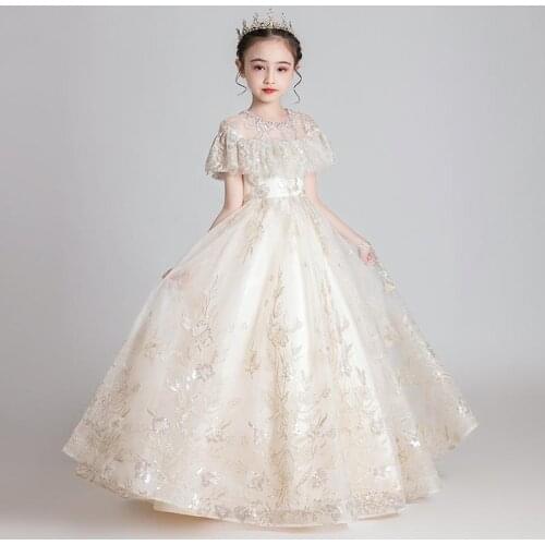 Luxury Girls evening gown Sequine Mesh Stiching Catwalk princess dress wedding birthday party dress for girls Kids vestidos