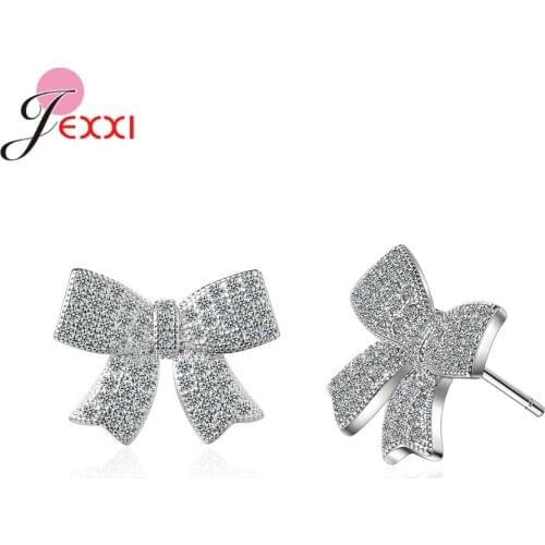 Amazing Quality Sweet & Romantic Full Shiny Crystal Paved 925 Sterling Silver Stud Earrings For Women Girls Bow-knot Bricos