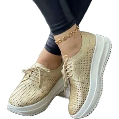Hollow out lace up casual shoes womens 2021 new thick bottom low top single shoes