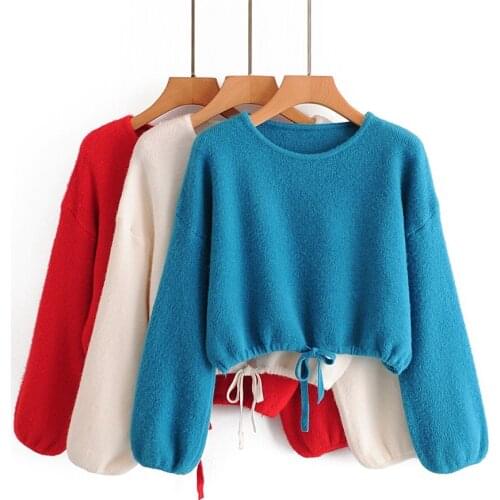 2021 Fall Womens New Round Neck Lantern Long Sleeve Drawstring Short Knitted High Waist Wild Loose Lace Pullover Sweater