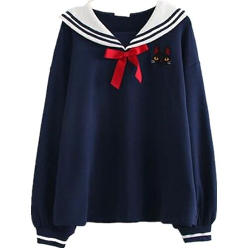 Kawaii Sweatshirt Women Pullovers Tops Preppy Style Japanese Sweet Sailor Collar Long Sleeve Harajuku School Girls Oversized Top