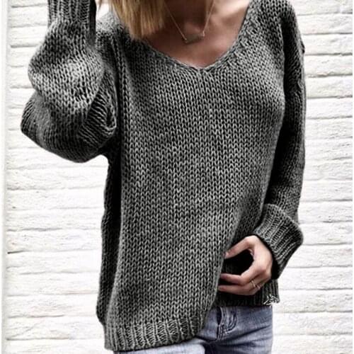 2021 Autumn Winter New Women Sweater Loose Pullover Large Size V-neck Bottoming Sweater Hot-selling Solid Color Sweater Women