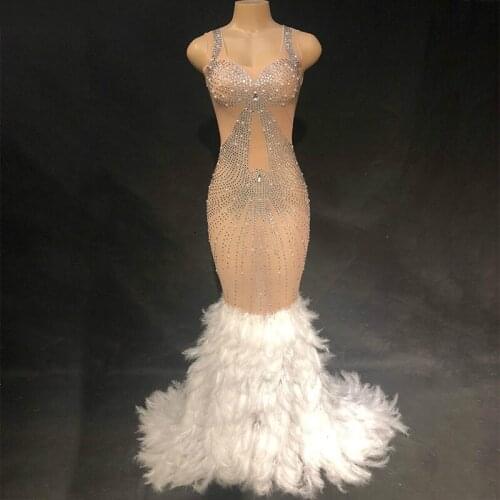 Fashion White Feather Nude Mesh Rhinestones Pearls Dress Women Birthday Celebrate Evening Prom Party Outfit Performance Vestidos