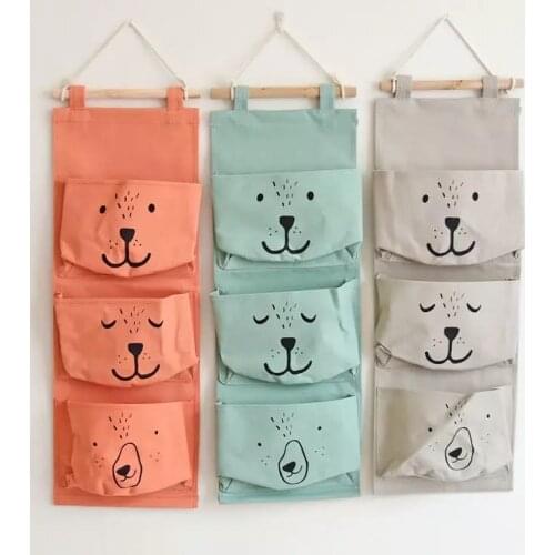 1PC Nordic Animal Bear Kids Canvas Storage Bag 3 Pockets Children Bear Organizer Bag Canvas Storage Bag For Kids