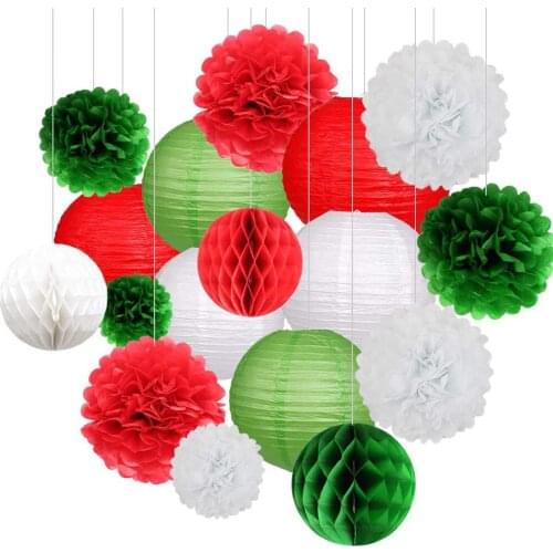 18 pcs per set Red Greem White Paper Lantern with Tissue Paper Flower paper honeycomb for Xmas Wedding Indoor Hanging Decoration