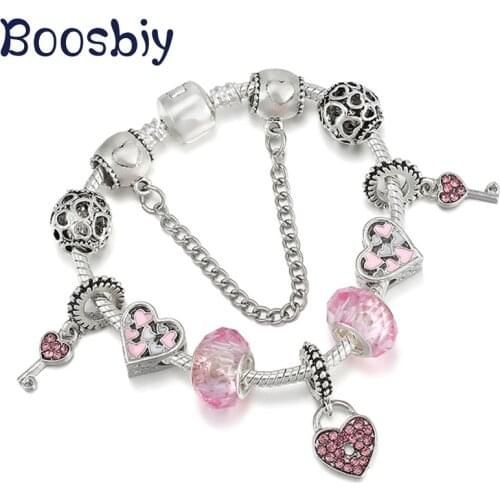 Silver Plated Pink Heart Beads Charm Bracelet With Crystal Key Pendants For Women DIY Romantic Valentines Day Jewelry Gift
