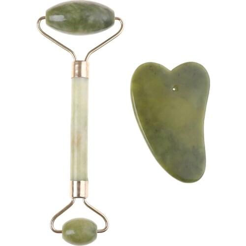2PCS Natural Stone Massage Tools Guasha Facial Face Thin Roller+Body Guasha Board Massager Stone Tool Set Health Care