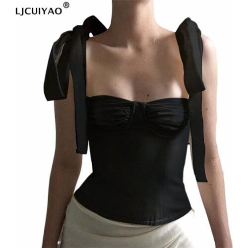 LJCUIYAO Tie Bow Strap Blue White Camis Women Summer Ruched Short Tank Tops Retro Cool Sexy Off Soulder Crop Vest Streetwear