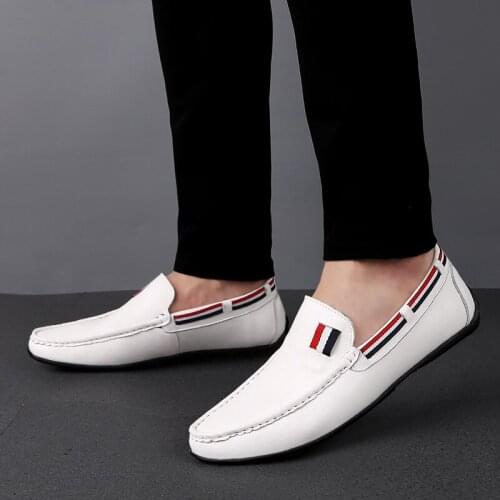 FIXSYS Brand Cow Leather Man Loafers Summer Breathable Slip-on Driving Shoes High Quality Flat Moccasins Striped Mens Boat Shoes