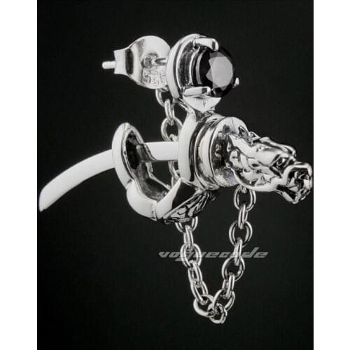 Punk Rocker Fashion Black CZ Stone Earring Solid 925 Sterling Silver Cool Mens Biker Dragon Japanese Katana Stud Earring 8M011