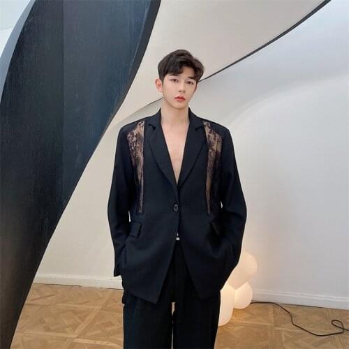 Men Hollow Lace Patchwork Casual Suit Jacket Stage Fashion Show Male Women Loose Blazer Coat Autumn 2021 Outwear Terno Masculino