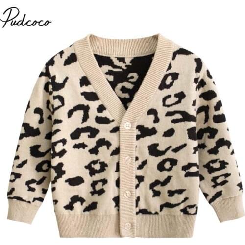 2019 Brand 1-9Y Autumn Winter Baby Girls Warm Sweaters Coats Leopard Print Long Sleeve Single Breasted V Neck Causal Outfits