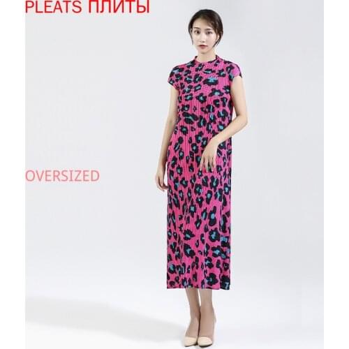 Leopard Print Summer Miyake Folds New Fashion Temperament Age-reducing Slimming Waist Dress Womens Clothing PLEATS Vestido Robe