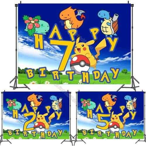 Pokemon Pikachu Kid Happy Birthday Backdrop Bulbasaur Charmander Number Photography Background Wall Decoration Party Supplies