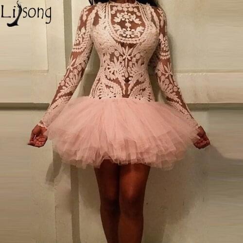 Long Sleeve See Through Mesh Tutu Dress Short Lace Prom Dresses Sexy Mini Cocktail Gowns Custom Made