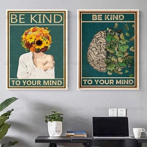 Modern Art Canvas Painting Human Body Sunflower Plant Brain Be Kind Slogan Living Room Bedroom Cafe Wall Deco Printing Hd Poster