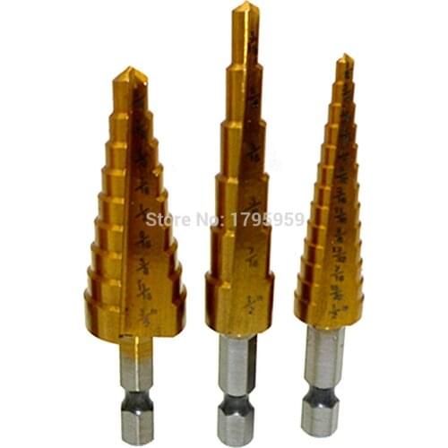 Step Cone Drill Bit 3pc Set Metric and SAE 1/4" Hex Shank Metal Drilling Hole Cutter Tool Titanium HSS Woodworking Drill Bits