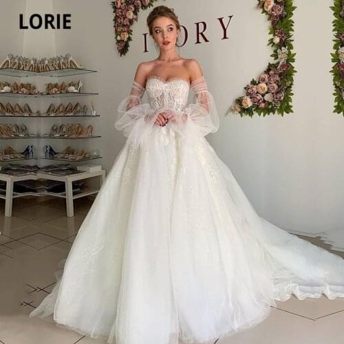 LORIE Boho Wedding Dresses Puff Sleeves Sweetheart Appliques Lace Princess Wedding Gown Off Shoulder Bride Dress sukienka