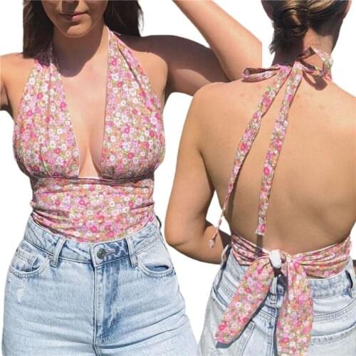 2021 Fashion Trend Women Halter Tank Tops Sexy Sleeveless Floral Print Ruched Self Tie Backless Camisole for Summer Daily Wear