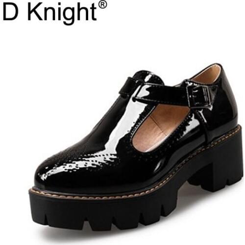 T-Starp Women Oxfords Platform Casual Brogue Shoes Woman Vintage Creepers Square High Heels Women Patent Leather Pumps Shoes D44