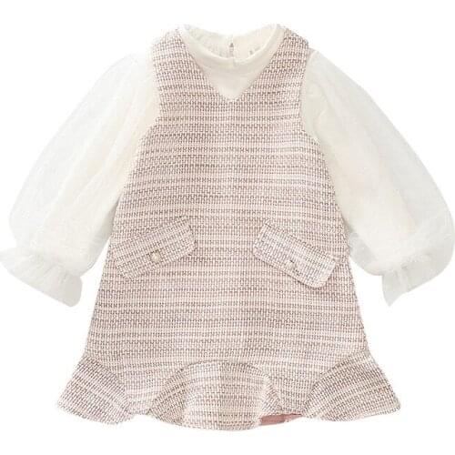 Girls Spring Dress Clothes Sets 2020 New Style Children Korean-style Graceful Dress Mesh Sleeve T-shits Clothing Sets