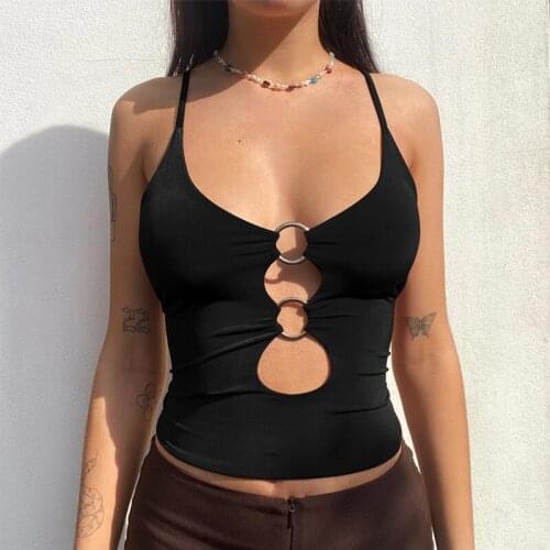Women Casual Close-Fitting Camisole With Decorative Hoop Solid Color U-Shaped Collar Crop Tops Olive Black White Daily Wear