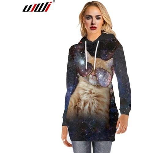 UJWI 3D Printed Women Black Star sky Glasses Cat Sleeve Hoodie Dress Pullover Sweatshirt Dress Oversized Drawstring Long Hoodie