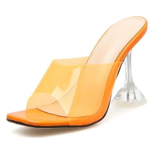Moraima Snc Sexy Open Toe PVC High Heel Shoes Woman Summer Thin Heels Sandal Orange SIlver Party Dress Shoes 35-42 Slippers