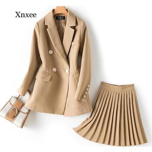 Womens Sets Single Button Solid Blazer High Waist Pleated Skirt Suit Two Piece Set Fashion Women Skirt 2 Piece Sets Outfits
