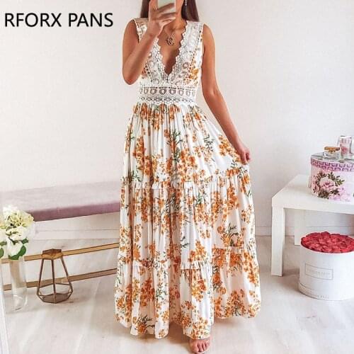 Women Lace V-neck Open-back Floral Maxi Dress Elegant Boho Beach Dress Casual Long Dresses