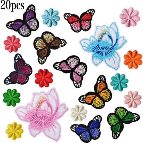 20pcs Color Random Embroidery Patches Clothing DIY Cotton Blend Embroidery Badge Flower Insect Patch Set