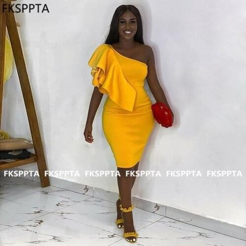 2021 Short Prom Dresses One Shoulder Knee Length Gold Satin African Girls Wedding Party Dress Prom Gowns Custom Made