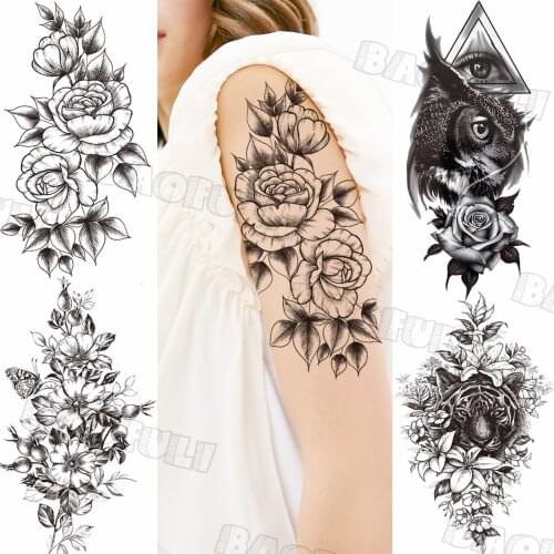 3D Black Big Peony Flower Temporary Tattoos For Women Adult Lily Tiger Geometric Owl Fake Tattoo Custom Armband Waterproof Tatoo