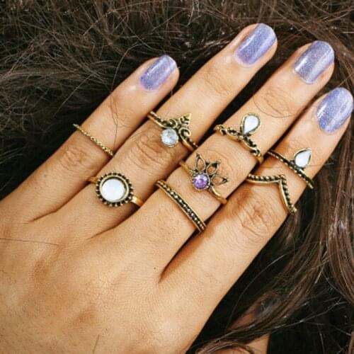 8pcs/sets Bohemia Luxurious Green Crystal Stone Finger Rings Sets Hollow Geometric Jewelry for Women Men Wedding wholesale
