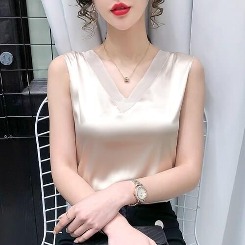 Satin Women Blouses Shirts Satin Blouse Tops Woman Lace Shirt Top Plus Size Woman V-neck Silk Solid Blouses Elastic Shirts 14340