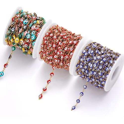 1Meter Turkish Evil Eye Enamle Chain Stainless Steel Gold Cable Beaded Chain For Necklace Bracelet Jewelry Making Components DIY