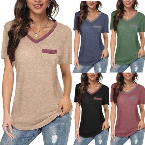 European and American style top tees womens 2021 new color matching V-neck tshirts pocket casual loose T-shirt for woman