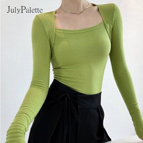JulyPalette 2021 Autumn Long Sleeve Square Collar Tshirt Top Green Blusas Elegant Ladies Tops Casual Slim Basic Female T Shirt