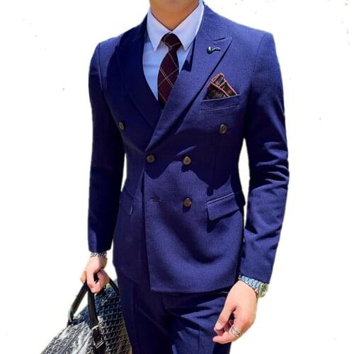 British Double Breasted Suit Set Mens Three Piece Groom Wedding Tuxedo High End Banquet Blazer Jacket Outerwear Pants Vest