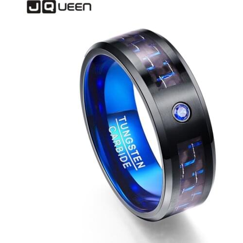Mens 8mm Black Tungsten Carbide Ring Blue Carbon Fiber Polished Finish Comfort Fit Tungsten Steel Ring Size 6-15
